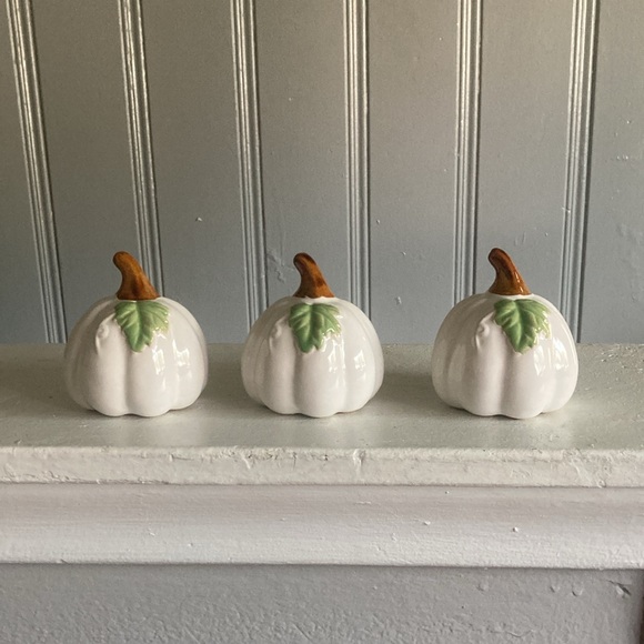 NWT- Set of 3- White- Green Leaf - Porcelain Glazed Fall Pumpkin Decorations 🍂 - Picture 12 of 16